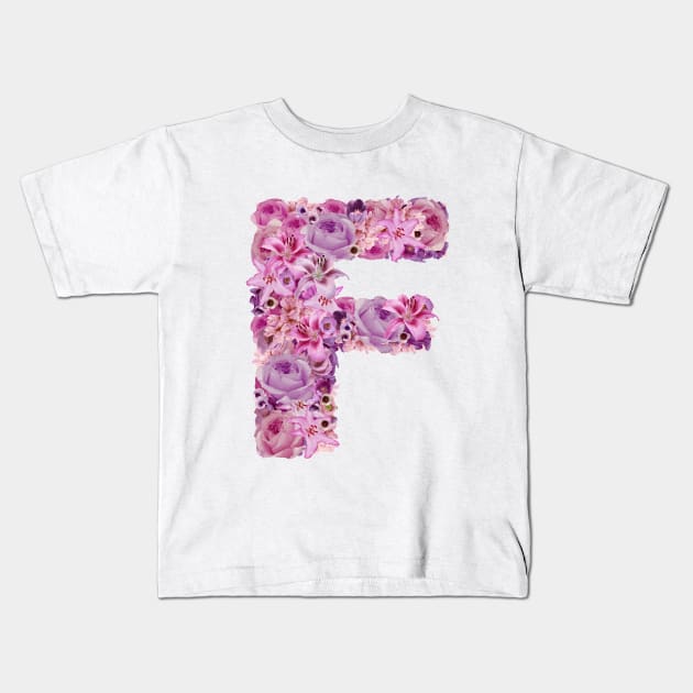Pink Floral Letter F Kids T-Shirt by HayleyLaurenDesign